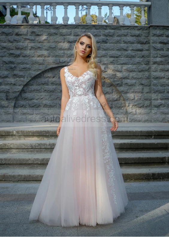 Beaded Lace Tulle Deep V Back Sexy Wedding Dress